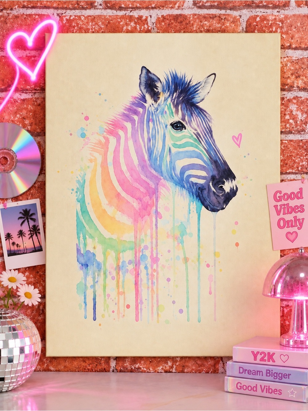 Vintage Y2K Colorful Rainbow Zebra Watercolor Wooden Wall Art
